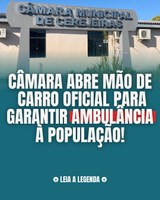 Câmara de Cerejeiras abre mão de carro oficial para garantir ambulância para a população